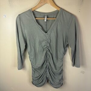 XCVI Olive Green Ruched 3/4 Sleeve V-Neck Top Women's Medium Boho Stretch Blouse